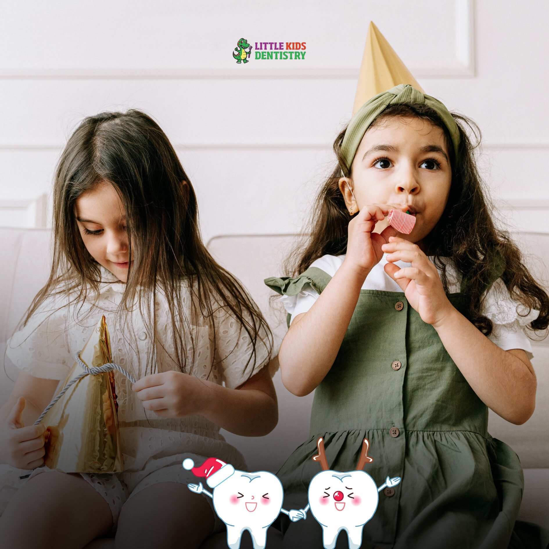 Two kids celebrating with party hats