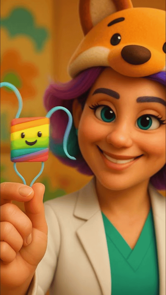 Smiling character holding colorful object