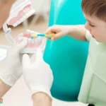 Child learning to brush teeth