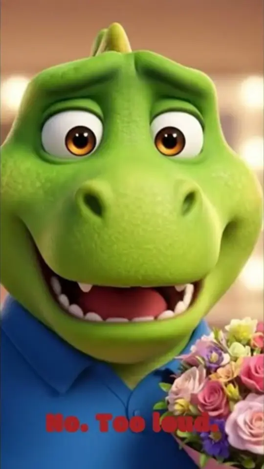Green dinosaur with flowers, smiling.