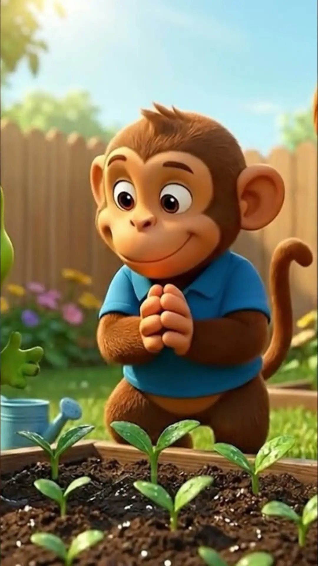 Happy cartoon monkey in garden