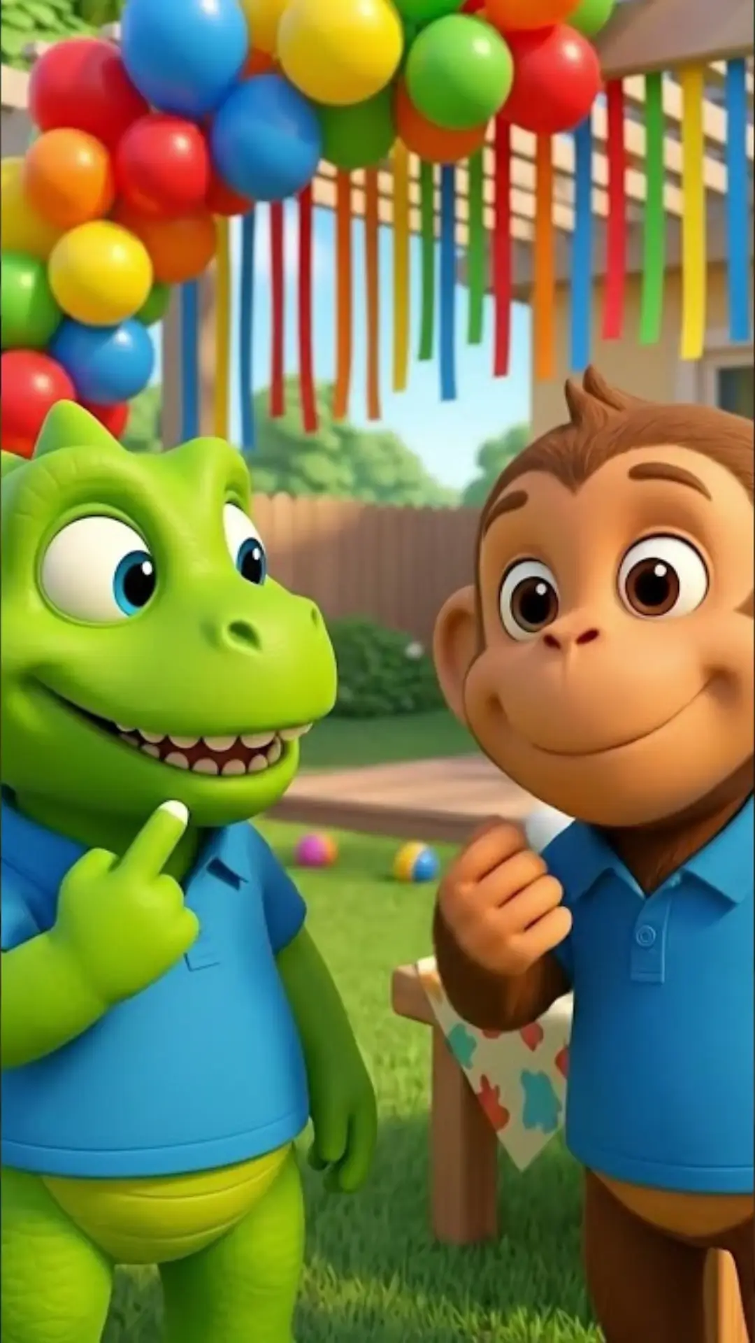 Cartoon dinosaur and monkey smiling together