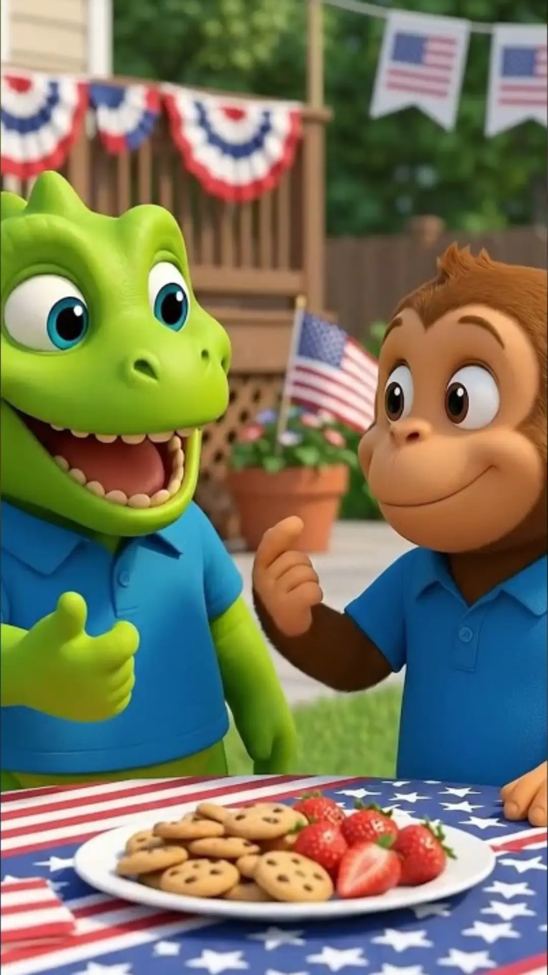 Two animated characters celebrating together.