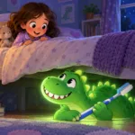 Storybook illustration: a little girl peeks over her bed at a glowing green cartoon dinosaur holding a toothbrush