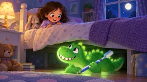 Storybook illustration: a little girl peeks over her bed at a glowing green cartoon dinosaur holding a toothbrush