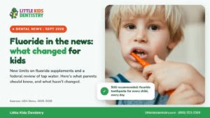 A young boy brushing his teeth, with the headline Fluoride in the news: what changed for kids