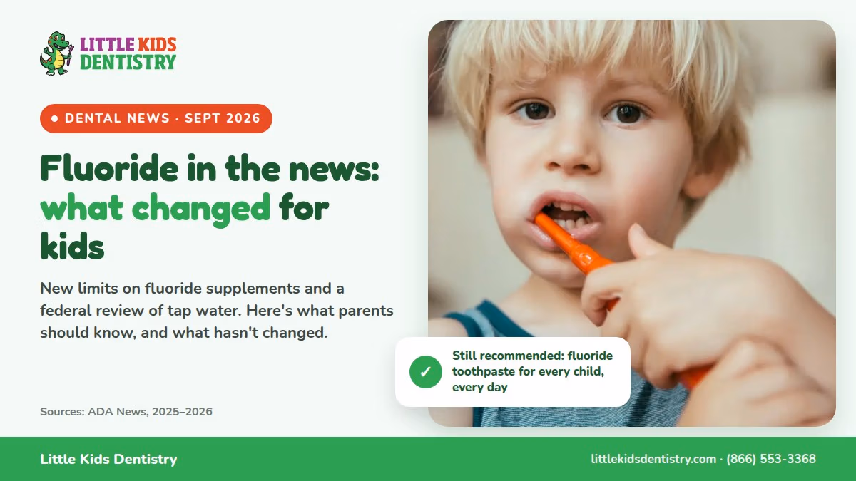 A young boy brushing his teeth, with the headline Fluoride in the news: what changed for kids