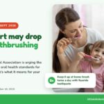 A mother brushing her teeth with two young daughters, with the headline Head Start may drop daily toothbrushing rules