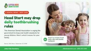 A mother brushing her teeth with two young daughters, with the headline Head Start may drop daily toothbrushing rules