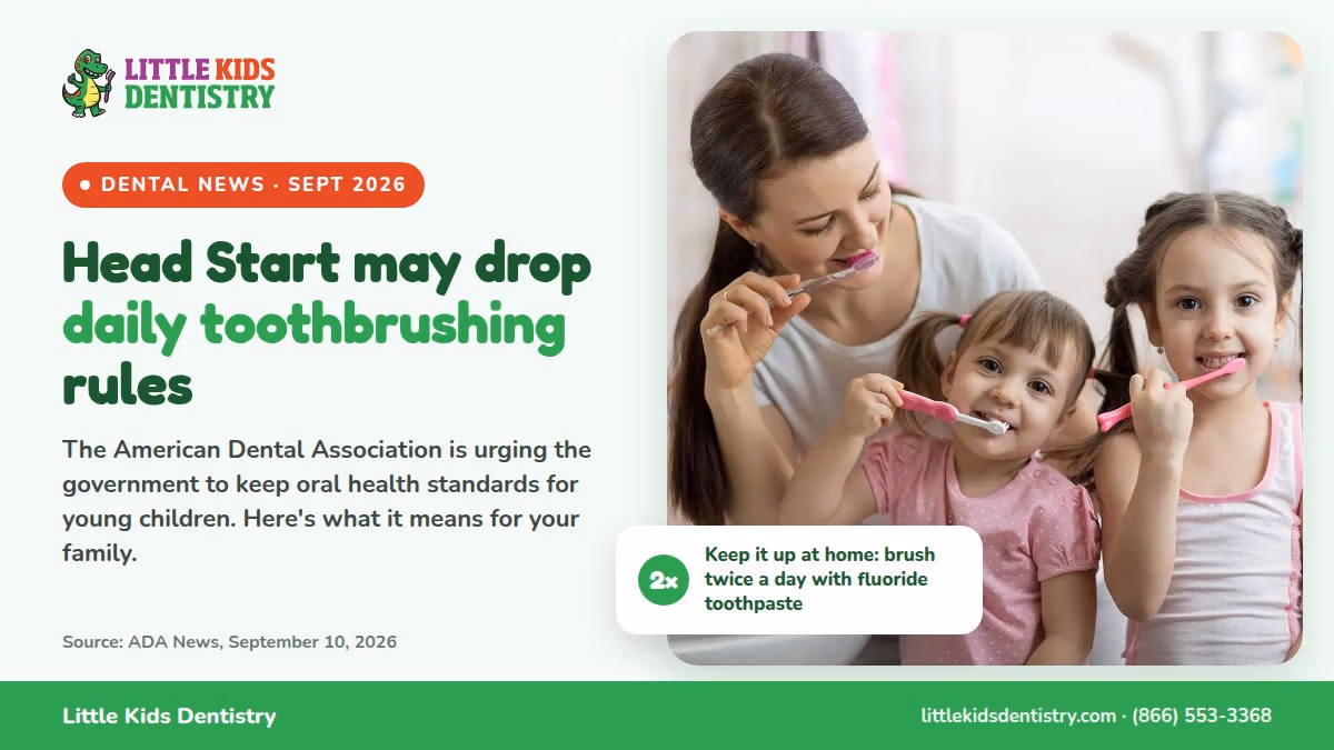 A mother brushing her teeth with two young daughters, with the headline Head Start may drop daily toothbrushing rules