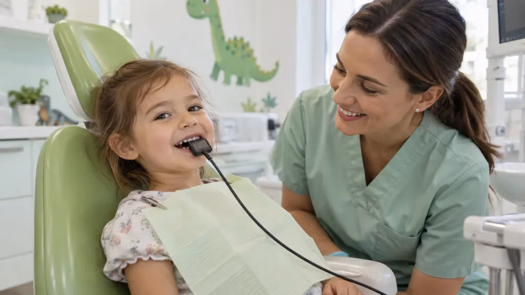 Smiling young child in a dental chair biting on a small digital X-ray sensor while a pediatric dentist reassures her
